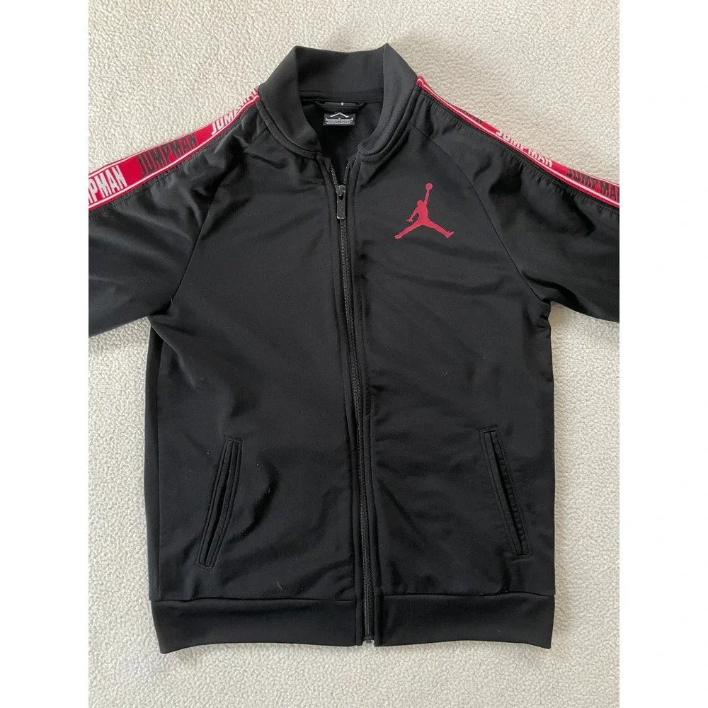 Jordan Boys Large Track Jacket Black Red Jumpman Tape Logo Full Zip Bomber
